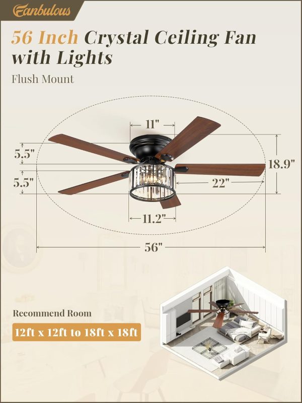 56 Inch Farmhouse Chandelier Ceiling Fan with Remote Control, Black Indoor Crystal Ceiling Fan with 6-Speeds, Quiet Reversible DC Motor, Flush Mount Ceiling Fans with Lights for Bedroom, Living Room