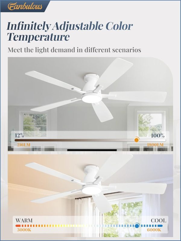 52 inch Ceiling Fans with Lights, Smart Flush Mount Ceiling Fan and Remote APP, Modern Low Profile, 3CCT 20W LED with 6-Speeds Quiet Reversible Motor for Bedroom, Living Room, Kitchen, White