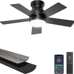 Ceiling Fans with Lights, 32 Inch Low Profile Ceiling Fan with Light and Remote/APP Control, Flush Mount, Dimmable, Qiuet DC Motor, Black Small Indoor Ceiling Fan for Bedroom, Kitchen