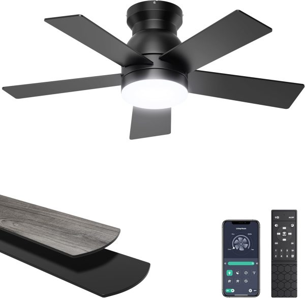 Ceiling Fans with Lights, 32 Inch Low Profile Ceiling Fan with Light and Remote/APP Control, Flush Mount, Dimmable, Qiuet DC Motor, Black Small Indoor Ceiling Fan for Bedroom, Kitchen