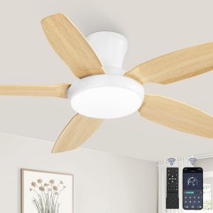 Ceiling Fans with Lights, 42 inch Low Profile Flush Mount Ceiling Fan with Remote/APP Control,Black Modern Ceiling Fan with LED Light for Bedroom Indoor Outdoor-LED Dimmable, 3CCT, 6 Speeds
