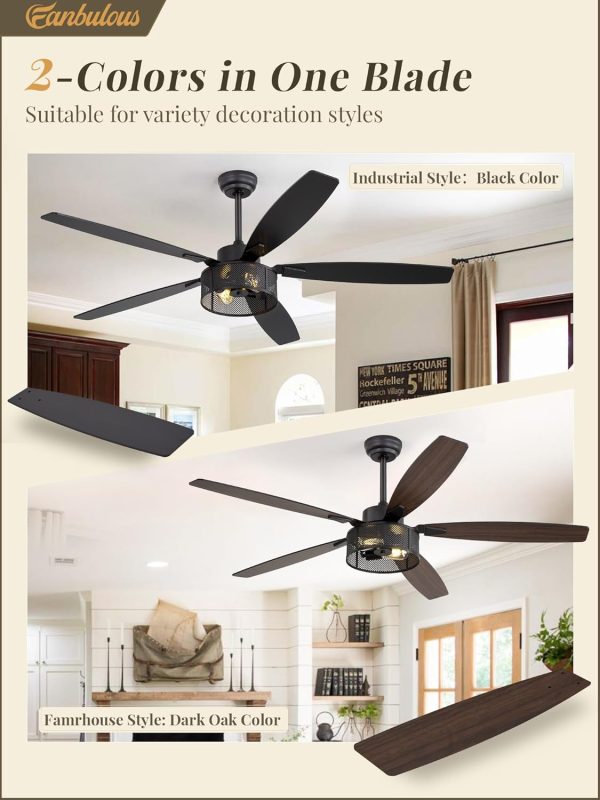 Farmhouse Ceiling Fans with Lights and Remote, 60 Inch Industrial Black Caged Ceiling Fans for Living Room Bedroom Kitchen, 6 Speed Reversible Quiet DC Motor, Dual Finish 5 Blades