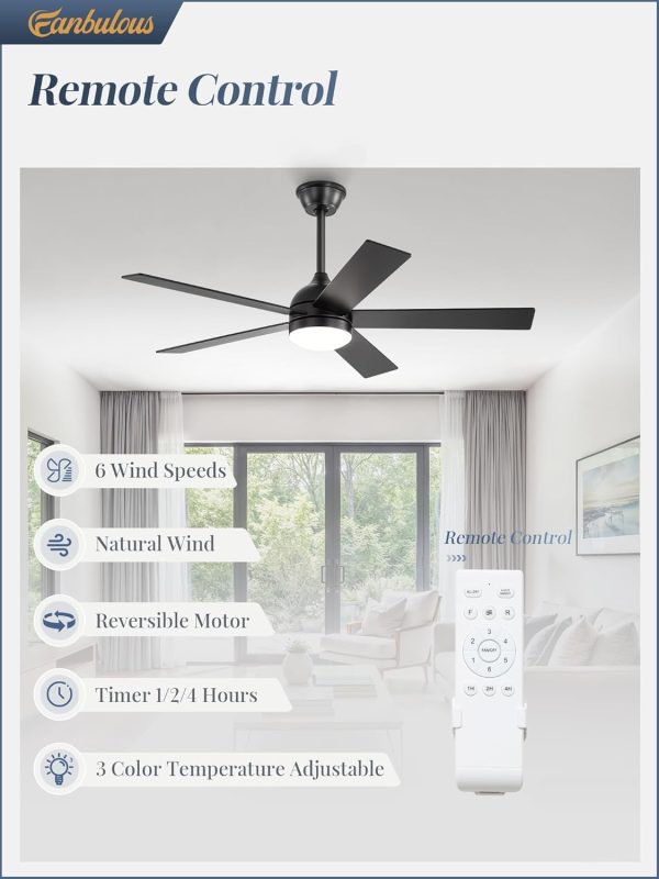 48 Inch Ceiling Fan with Light and Remote, Black Ceiling Fans with Light, 5 Dual-Color Blades, Reversible Quiet DC Motor, 6 Speeds, 3CCT Adjustable LED for Bedroom Living Room Kitchen Patio