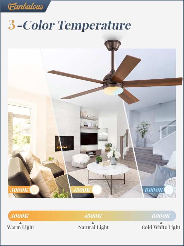 48 Inch Ceiling Fan with Light and Remote, Brown Ceiling Fans with Light, 5 Dual-Color Blades, Reversible Quiet DC Motor, 6 Speeds, 3CCT Adjustable LED for Bedroom Living Room Kitchen Patio