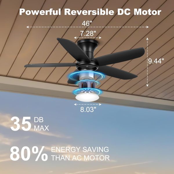 Ceiling Fan with Lights, 46" Flush Mount Ceiling Fans Remote/APP Control - Dimmable, Quiet DC Motor, Indoor Ceiling Fans for Bedroom Kitchen, Black