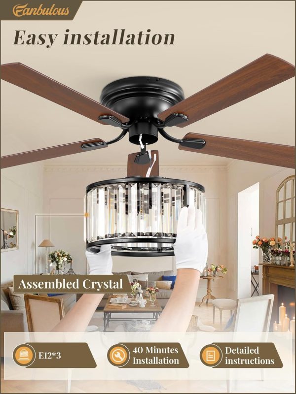 56 Inch Farmhouse Chandelier Ceiling Fan with Remote Control, Black Indoor Crystal Ceiling Fan with 6-Speeds, Quiet Reversible DC Motor, Flush Mount Ceiling Fans with Lights for Bedroom, Living Room