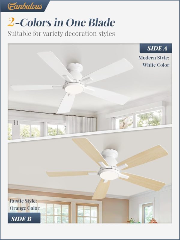 46 inch Ceiling Fans with Lights, Flush Mount Ceiling Fan and Remote, Modern Low Profile, 3CCT 20W LED Light with 6-Speeds Quiet Reversible Motor, for Bedroom, Living Room, Apartment, White