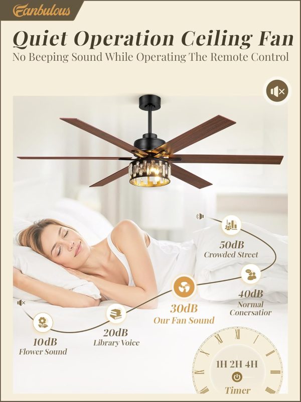 65 Inch Farmhouse Crystal Ceiling Fan with Lights and Remote, Chandelier Ceiling Fan with Quiet Reversible DC Motor, Wood Blades - Ideal for Bedroom