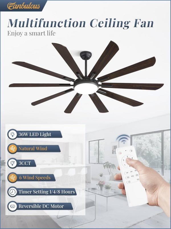 72 Inch Ceiling Fans with Lights and Remote, Outdoor Black Large Ceiling Fan with 10 Blades, 36W LED Light 3CCT, 6 Speed Reversible DC Motor, Modern Big Ceiling Fan for Living Room,Patio.