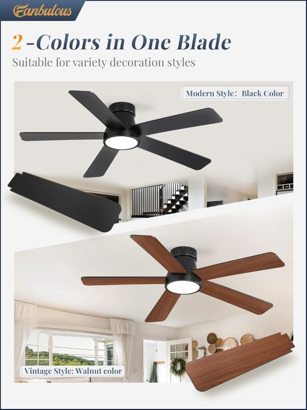 48 Inch Ceiling Fans with Lights and Remote,Outdoor Indoor Modern Flush Mount Ceiling Fan with 3CCT 6-Speed Quiet DC Motor,Black Small Low Profile Ceiling Fan for Bedroom Living Room Office(Black)