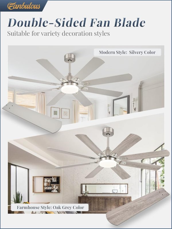 62 Inch Ceiling Fans with Lights,Nickel Modern Ceiling Fan with Remote Large Farmhouse Indoor & Outdoor Ceiling Fan with 8 Dual Finish Blades, Quiet DC Motor, Bright LED Light