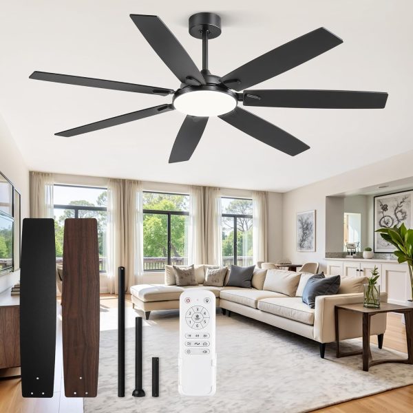 62 Inch Large Ceiling Fans with Lights and Remote, Black Modern Ceiling Fan with 3CCT LED Light, Quiet DC Motor,Indoor/Outdoor Ceiling Fan with 7 Dual Finish Blades for Living Room, Patio