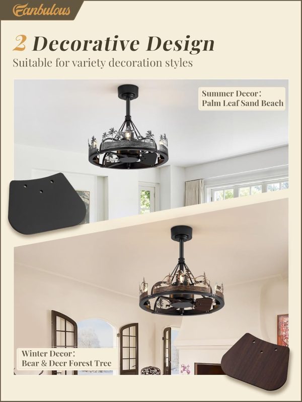 20 Inch Farmhouse Rustic Ceiling Fan with Light and Remote, Black Chandelier Fan with Bear and Deer Design,Summer Sand Beach Design,Rustic Chandeliers for Living Room, Bedroom