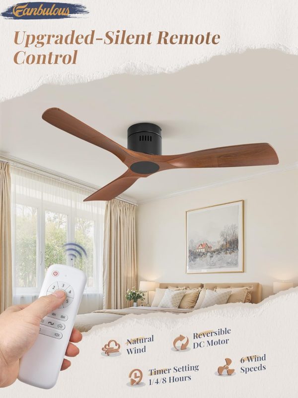 Ceiling Fans Without Lights, Flush Mount Ceiling Fan with Remote Control Modern,Low Profile Ceiling Fans with 6-Speeds Reversible DC Motor for Patio Living Room Bedroom(Walnut)