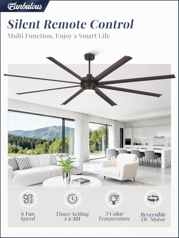 100 Inch Large Ceiling Fans Industrial Ceiling Fan Outdoor with Lights, Remote, 8 Aluminum Blades, DC Motor, 6-Speed, Black, for Living Room, Garage, Shop, Porch(Oil-Bronze)