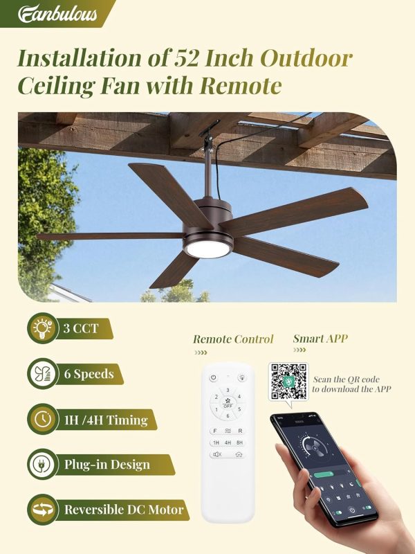 52 In Outdoor Ceiling Fan Hanging Fan Outdoor Ceiling Fans, Waterproof, with Light, Remote, 52 In, Wet Rated, IP65, 6 Speed, 3CCT, Plug in, for Patios, Porch, Gazebo, Oil-Bronze