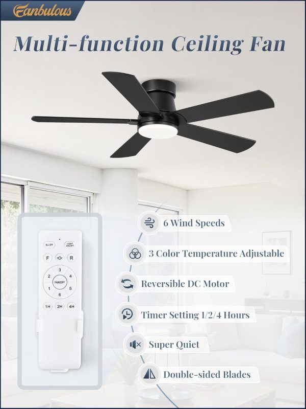 Ceiling Fans with Lights and Remote, 42 inch Low Profile Flush Mount Ceiling Fan,White Modern Ceiling Fan with LED Light for Bedroom Indoor Outdoor-5 Reversible blades, 3CCT, 6 Speeds, Timer