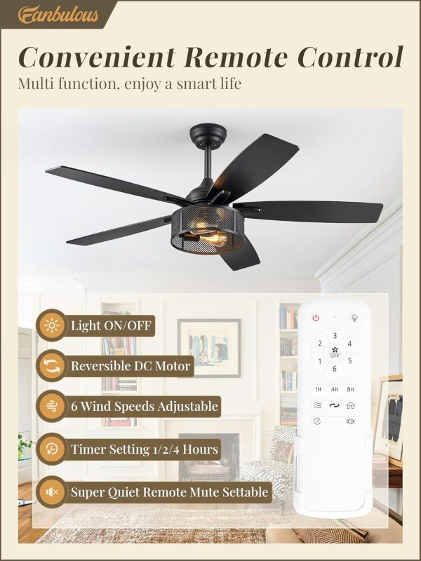 Farmhouse Ceiling Fans with Lights and Remote, 52 Inch Industrial Black Caged Ceiling Fans for Living Room Bedroom Kitchen, 6 Speed Reversible Quiet DC Motor, Dual Finish 5 Blades