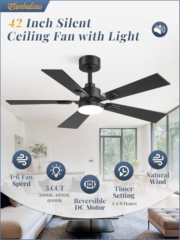 42 Ceiling Fans with Lights and Remote, Modern Low Profile Ceiling Fans with Dimmable 3CCT Quiet DC Motor, Reversible Celing Fan with 6-Speeds Timer for Bedroom(Black)