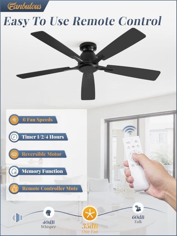 52 Inch Flush Mount Ceiling Fan No Light with Remote,Black Modern Low Profile Ceiling Fan Without Light,6-Speeds,Quiet Reversible DC Motor,Indoor&Outdoor Ceiling Fans for Bedroom,Living Room