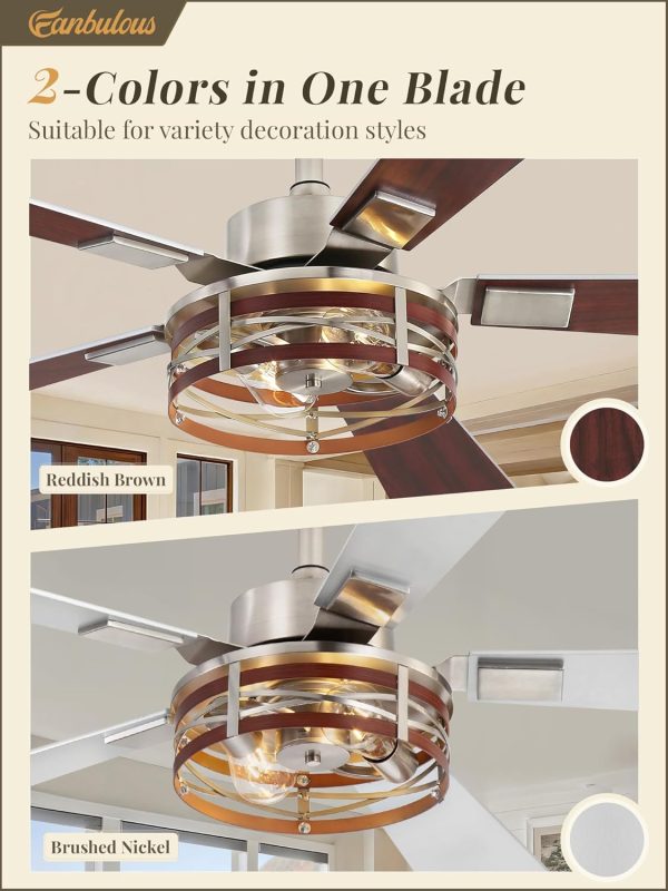 Farmhouse Ceiling Fans with Light, 48 Inch Bedroom Ceiling Fan with Lights, 6-Speed Adjustable, Quiet and Reversible DC Motor, 5 Dual Finish Blades, Rustic Caged Ceiling FanBrushed Nickel