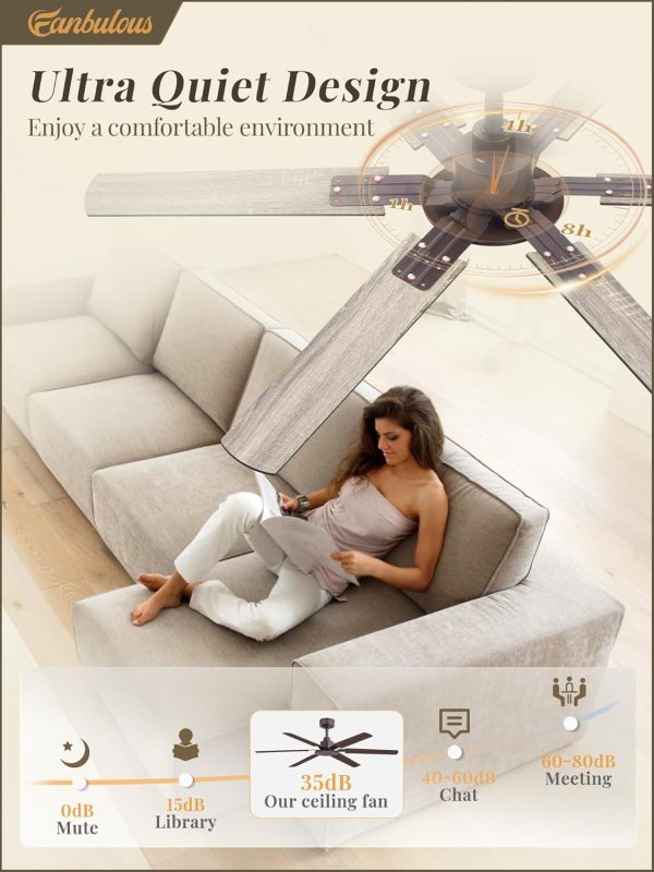 Ceiling Fan No Light, 48 Inch Indoor/Outdoor 6 Blades Ceiling Fan with Remote, 6-Speeds, Quiet Reversible DC Motor, Fans Without Light for Tilted Ceiling/Bedroom/Living Room/Patios