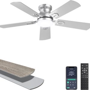 Ceiling Fans with Lights, 42 Inch Low Profile Ceiling Fan with Light and Remote/APP Control, Flush Mount, Dimmable, Qiuet DC Motor, Silver Small Indoor Ceiling Fan for Bedroom, Kitchen