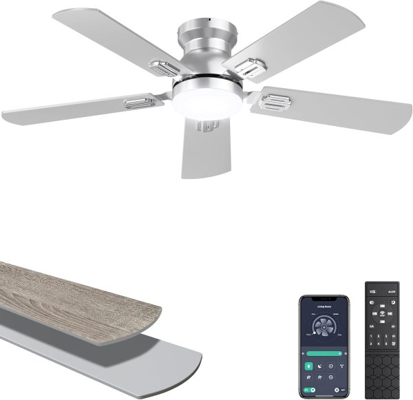 Ceiling Fans with Lights, 42 Inch Low Profile Ceiling Fan with Light and Remote/APP Control, Flush Mount, Dimmable, Qiuet DC Motor, Silver Small Indoor Ceiling Fan for Bedroom, Kitchen
