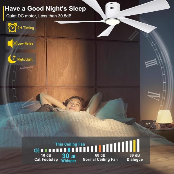 52 Flush Mount Ceiling Fan with Lights, Remote & APP Control Low Profile Indoor Outdoor Ceiling Fans, Dimmable, Quiet DC Motor, Reversible, White