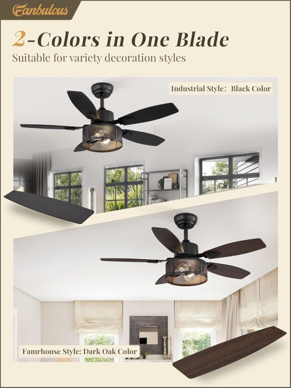 Farmhouse Ceiling Fans with Lights and Remote, 42 Inch Industrial Black Caged Ceiling Fans for Living Room Bedroom Kitchen, 6 Speed Reversible Quiet DC Motor, Dual Finish 5 Blades