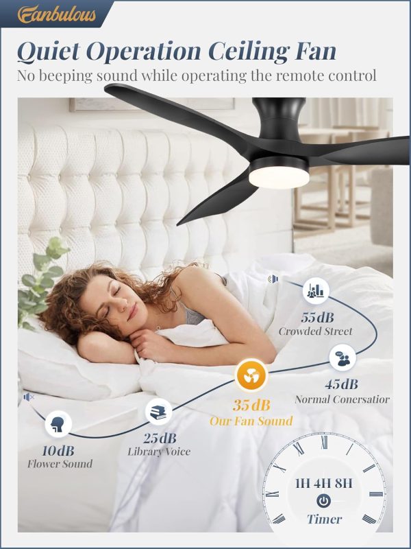 52 Inch Ceiling Fans with Lights and Remote, 3 Blades Flush Mount Low Profile Ceiling fan, Efficient 3475 CFM, Safe ABS, Timer, Quiet 35dB, 3CCT, Reversible for Bedroom Living Room, Black