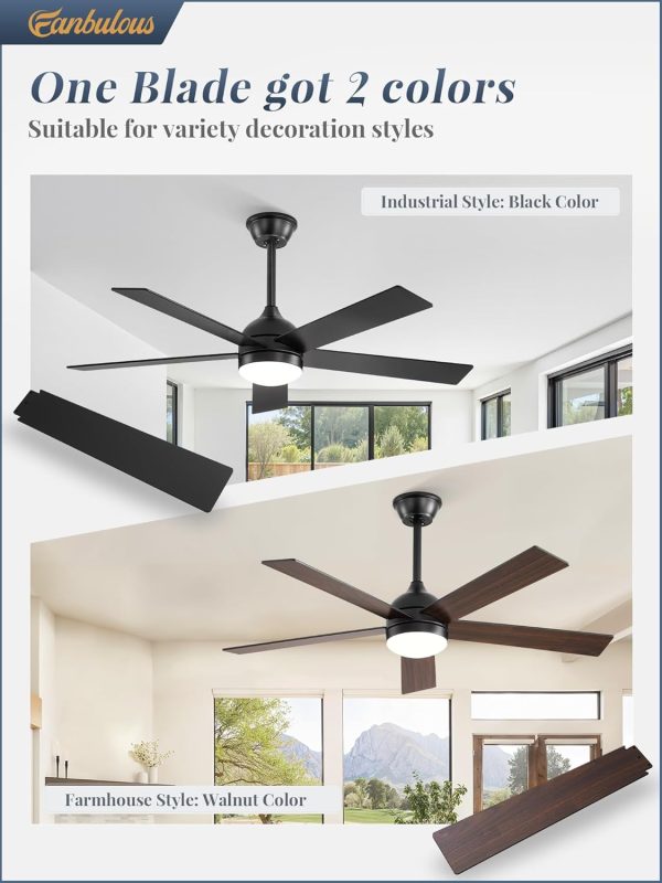 48 Inch Ceiling Fan with Light and Remote, Black Ceiling Fans with Light, 5 Dual-Color Blades, Reversible Quiet DC Motor, 6 Speeds, 3CCT Adjustable LED for Bedroom Living Room Kitchen Patio