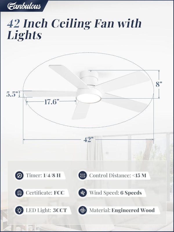42 Inch Ceiling Fans with Lights and Remote,Indoor Modern Flush Mount Ceiling Fan with 3CCT 6-Speed Quiet DC Motor,White Small Low Profile Ceiling Fan for Bedroom Living Room Office