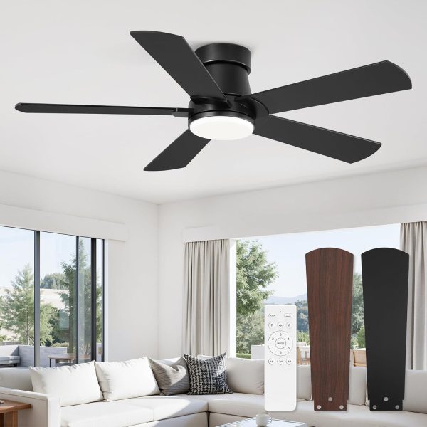 Ceiling Fans with Lights and Remote, 42 inch Low Profile Flush Mount Ceiling Fan,White Modern Ceiling Fan with LED Light for Bedroom Indoor Outdoor-5 Reversible blades, 3CCT, 6 Speeds, Timer