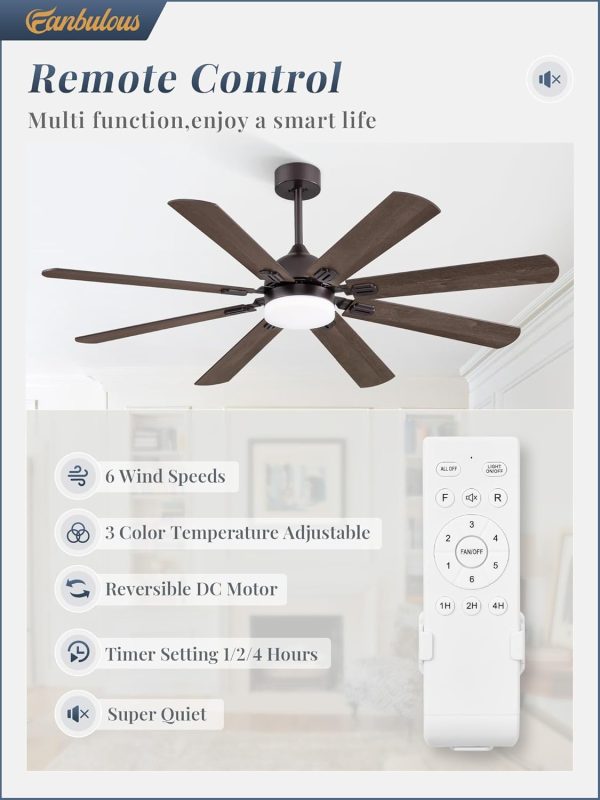 62 Inch Ceiling Fans with Lights, Oil Bronze Modern Ceiling Fan with Remote,Large Farmhouse Indoor & Outdoor Ceiling Fan with 8 Dual Finish Blades, Quiet DC Motor, Bright LED Light