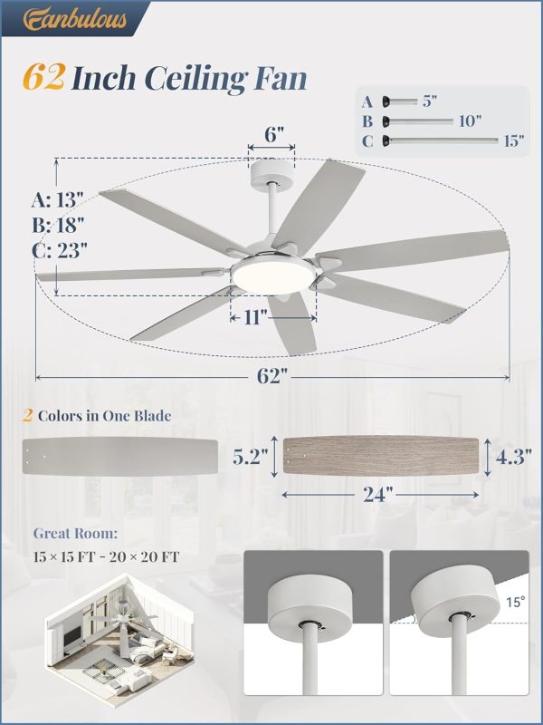 62 Inch Large Ceiling Fans with Lights and Remote, Grey Modern Ceiling Fan with 3CCT LED Light, Quiet DC Motor,Indoor/Outdoor Ceiling Fan with 7 Dual Finish Blades for Living Room, Patio