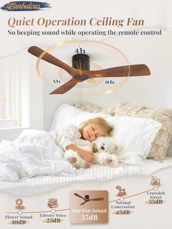 Ceiling Fans Without Lights, Flush Mount Ceiling Fan with Remote Control Modern,Low Profile Ceiling Fans with 6-Speeds Reversible DC Motor for Patio Living Room Bedroom(Walnut)