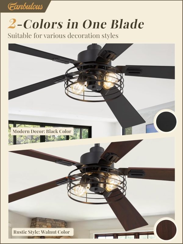 1 Pack Farmhouse 60 Inch Ceiling Fans with Lights, Black Industrial Caged Ceiling Fans for Bedroom Living Room, Double-Sided 5 Blades Rustic Ceiling Fan-Black