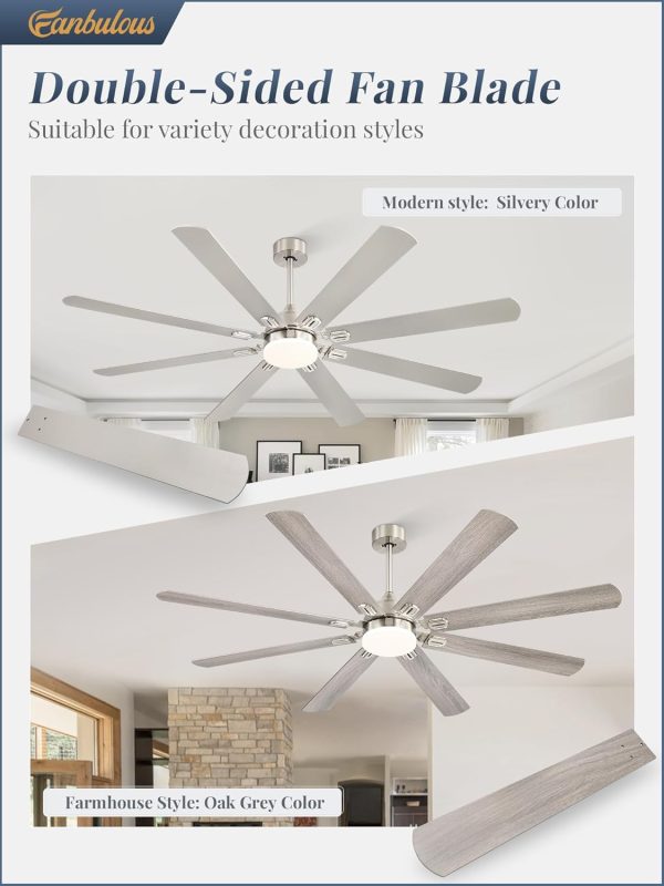 72 Inch Ceiling Fans with Lights,Nickel Modern Ceiling Fan with Remote,Large Farmhouse Indoor & Outdoor Ceiling Fan with 8 Dual Finish Blades, Quiet DC Motor, Bright LED Light