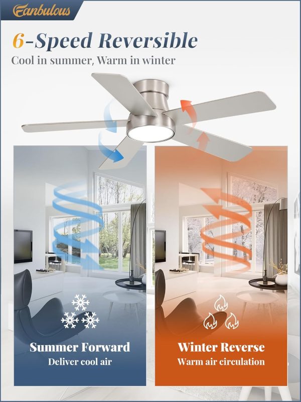 42 Inch Ceiling Fans with Lights and Remote,Indoor Modern Flush Mount Ceiling Fan with 3CCT 6-Speed Quiet DC Motor,Black Small Low Profile Ceiling Fan for Bedroom Living Room Office(Nickel)