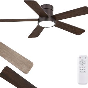 42 Inch Ceiling Fans with Lights and Remote,Indoor Modern Flush Mount Ceiling Fan with 3CCT 6-Speed Quiet DC Motor,Small Low Profile Ceiling Fan for Bedroom Living Room Office(Oil Bronze)