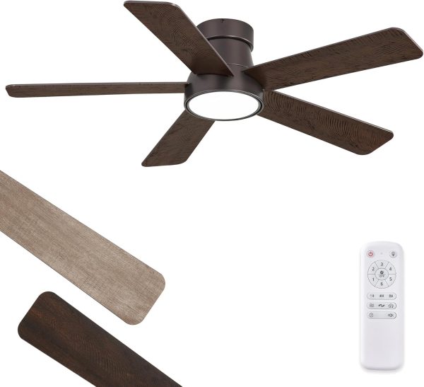 42 Inch Ceiling Fans with Lights and Remote,Indoor Modern Flush Mount Ceiling Fan with 3CCT 6-Speed Quiet DC Motor,Small Low Profile Ceiling Fan for Bedroom Living Room Office(Oil Bronze)