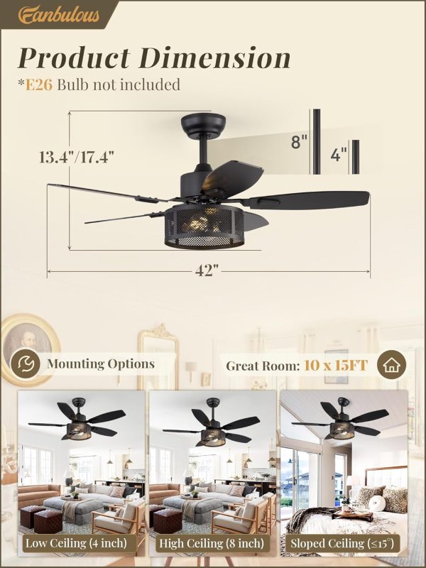 Farmhouse Ceiling Fans with Lights and Remote, 42 Inch Industrial Black Caged Ceiling Fans for Living Room Bedroom Kitchen, 6 Speed Reversible Quiet DC Motor, Dual Finish 5 Blades