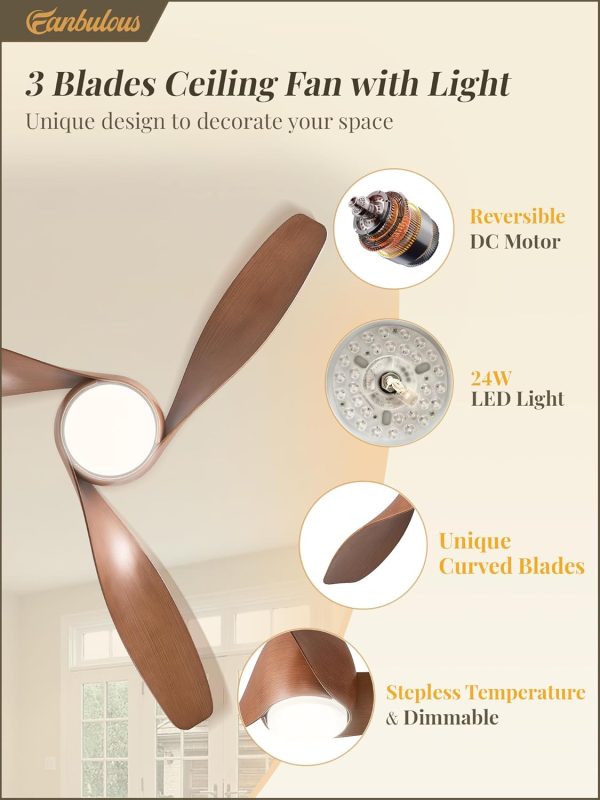 52 Inch Ceiling Fans with Lights and Remote, Indoor 24W LED Ceiling Fan with Lights & APP Control, 3000-6000K Dimmable, 6 Speed Reversible , 3 Blade Modern Ceiling Fan for Living Room Bedroom Patio