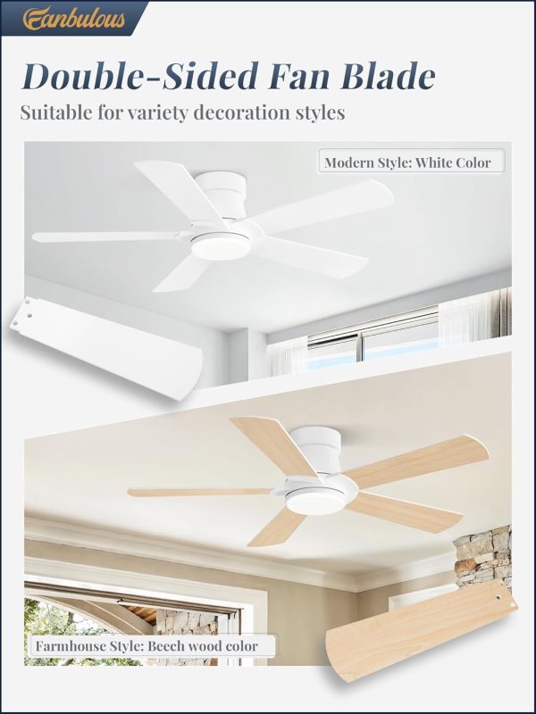 Ceiling Fans with Lights and Remote, 42 inch Low Profile Flush Mount Ceiling Fan,White Modern Ceiling Fan with LED Light for Bedroom Indoor Outdoor-5 Reversible blades, 3CCT, 6 Speeds, Timer