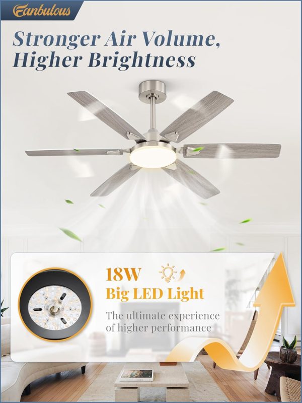52 Inch Ceiling Fans with Lights, Indoor/Outdoor Modern Ceiling Fan with Reversible Blade And 2 Rods, Quiet DC Motor, 3CCT & 6-Speed Remote Control, Dual Finish Blade for Living Room/Bedroom