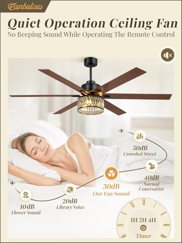 65 Inch Farmhouse Crystal Ceiling Fan with Lights and Remote, Chandelier Ceiling Fan with Quiet Reversible DC Motor, Wood Blades - Ideal for Bedroom