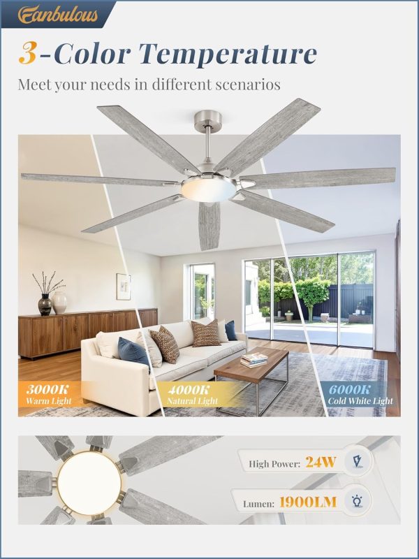 72 Inch Large Ceiling Fans with Lights, Nickel Modern Ceiling Fan with Quiet DC Motor, 3CCT, Indoor/Outdoor Ceiling Fan with Dual Finish Reversible 7 Blades, Timer for Living Room, Patio