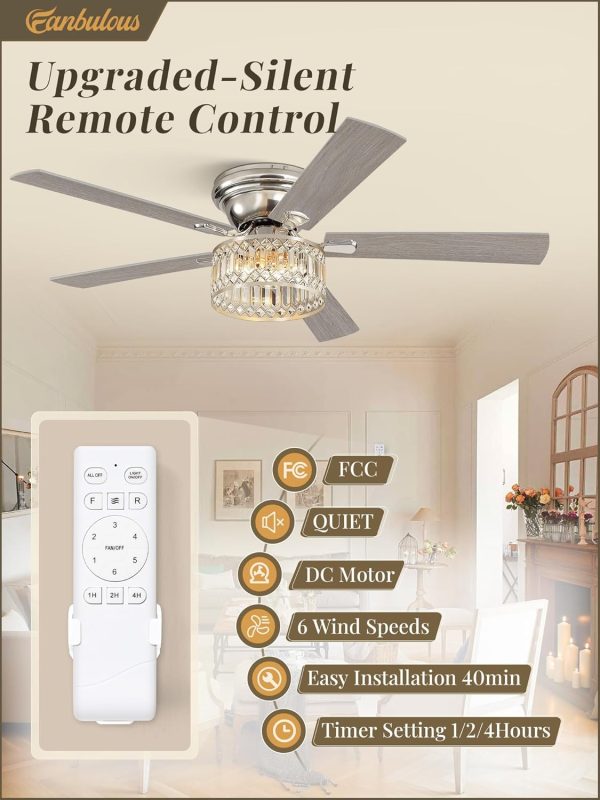 56 Inch Fandaliers Ceiling Fan with Remote Control, Brushed Nickel Modern Ceiling Fan with Light, 6-Speeds, Quiet Reversible DC Motor, Ceiling Fans Chandeliers for Bedroom, Living Room