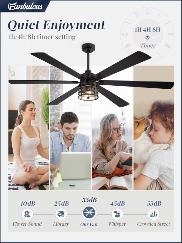 Farmhouse Ceiling Fans with Lights and Remote,Industrial Large Ceiling Fan with 6-Speed Reversible DC Motor and 6 Dual Finish Blades,Black Ceiling Fan with Light for Living bedroom Patio